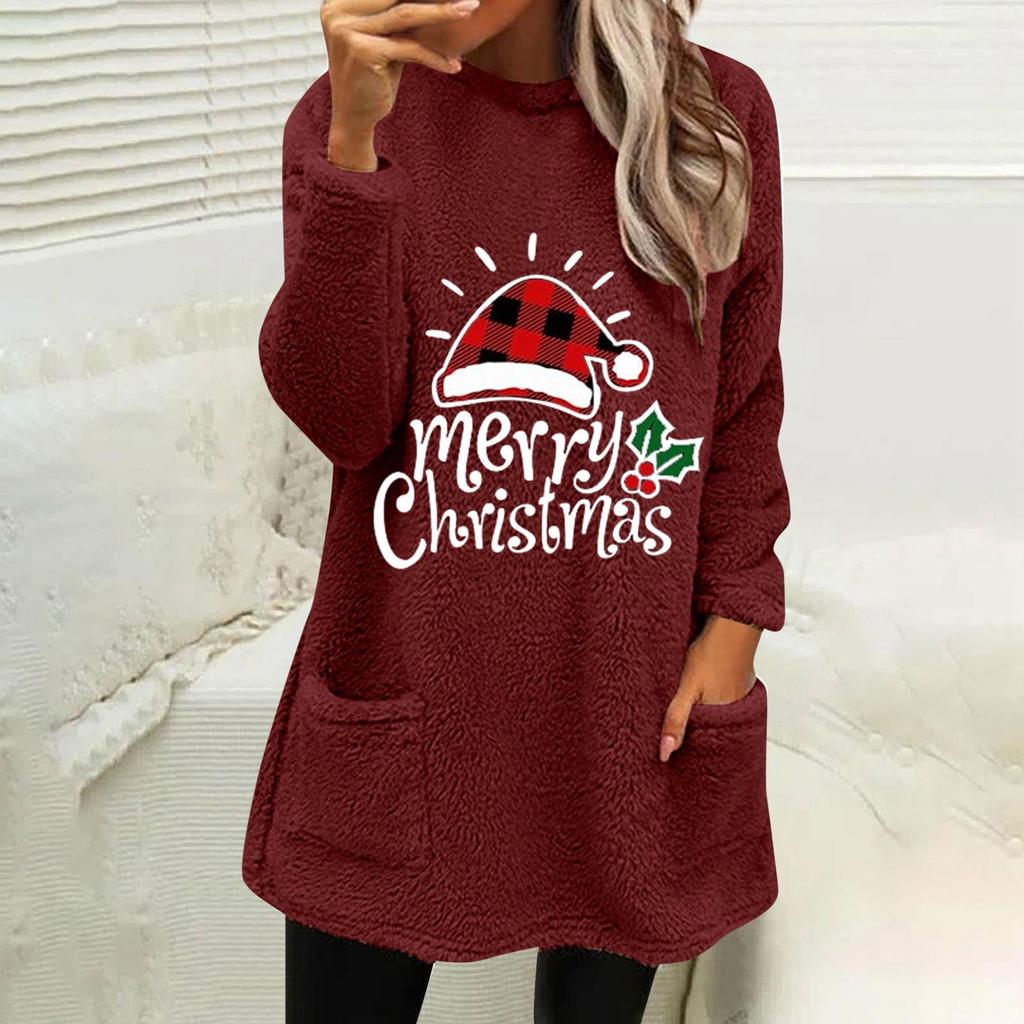 Autumn Winter Loose-Fit Christmas Letter Print Plush Hoodie with Pocket
