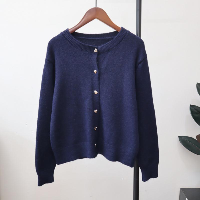 Autumn and Winter New Loose Solid Color Knitted Cardigan Round Neck Soft Waxy Lazy Wind Temperament Sweater Jacket Women