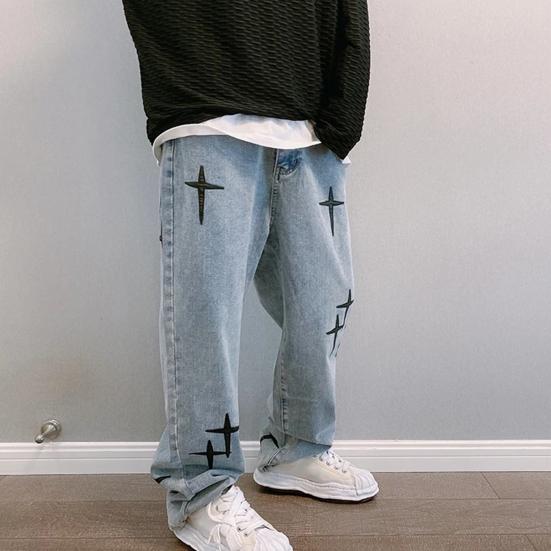 Spring Autumn Denim Pants Star Pattern Solid Color Zipper Fly Wide Leg Loose Jeans Streetwear