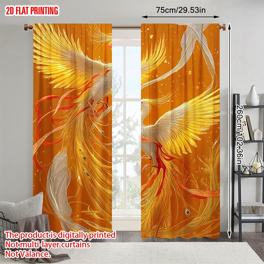 Tonnika Chen Golden Semi Sheer Plane Printing Curtains Phoenix Durable Polyester Fabric Without Rod Decorations Home Curtain Set Of 2 Made Washable