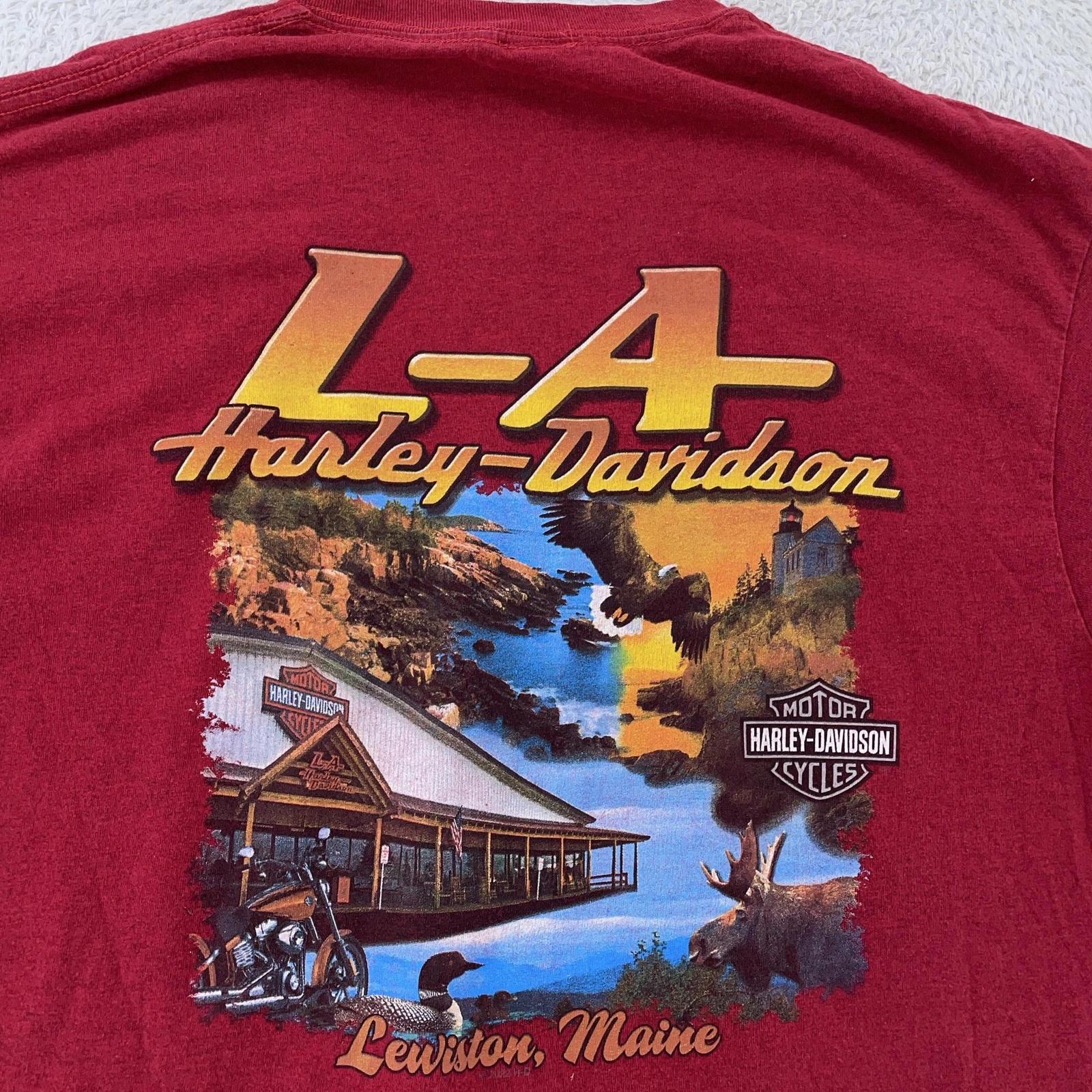 

Harley-Davidson Motorcycle Shirt L/XL Red L-A Lewiston Maine Dealer Tee 3XL