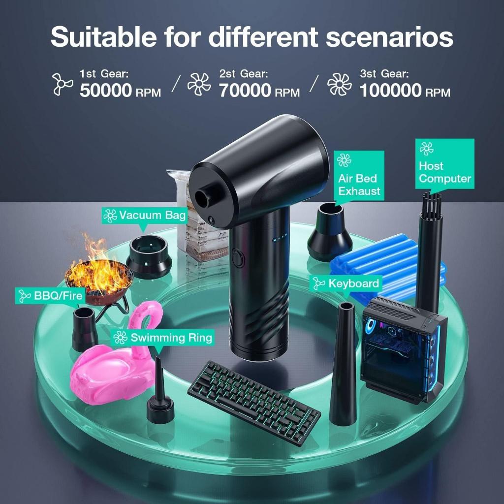 100000RPM 3-Gear Compressed Air Duster Adjustable PC/Keyboard Cleaner Portable Multi-functional Electric Air Blower