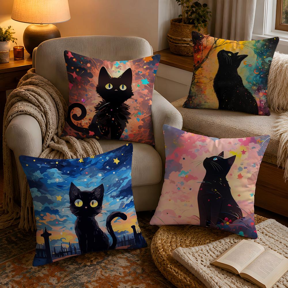 Anime Starry Sky Art cat Pillow Case Soft Plush Cushion Cover Double Print and Invisible Zipper for Sofa Home Car Use