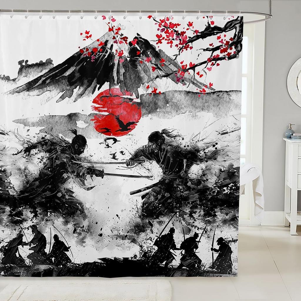 Japanese Samurai Bath Curtain Boys Girls  Landscape Shower Curtain for Kids Women Men Waterproof Sunset Bathroom Shower Curtain