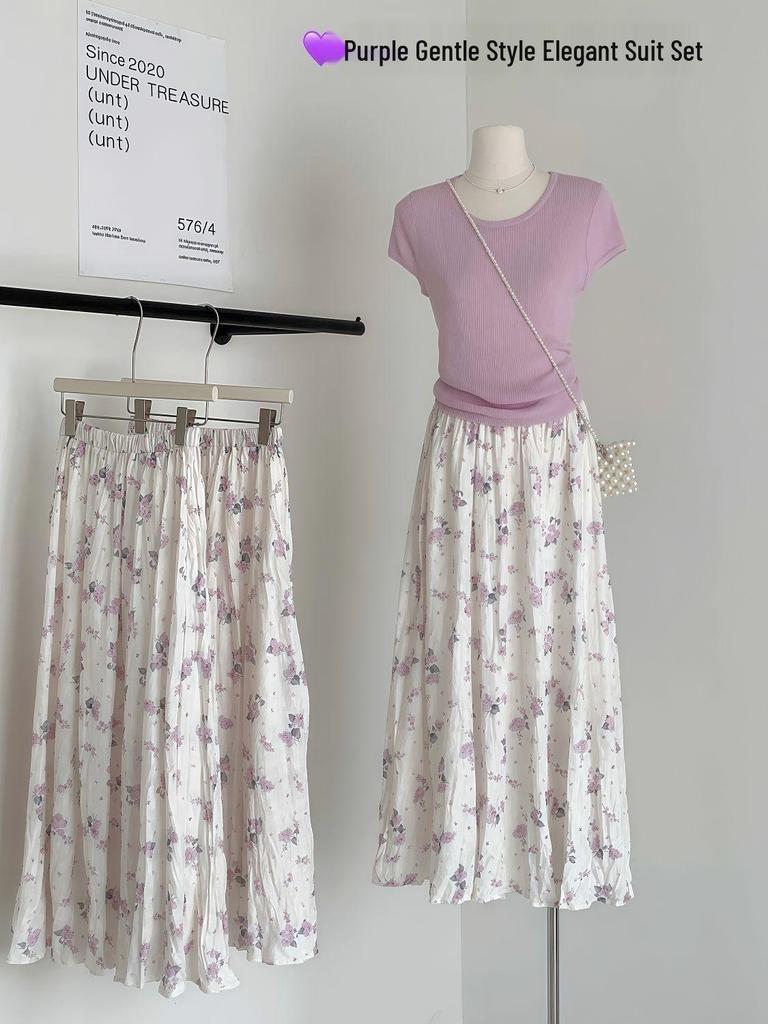 Purple Floral Knit Two-Piece: Short Sleeve Top & Elastic Long Skirt (Summer 2026 Collection)