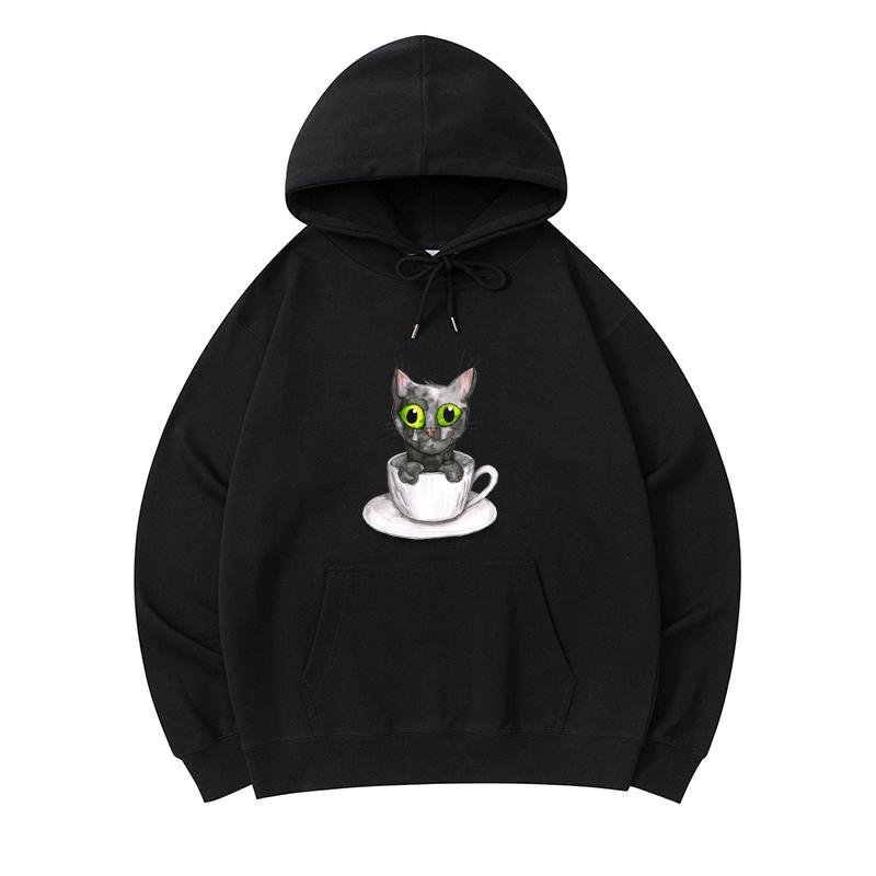 

300 GSM Men s Healthy Cotton Hoodies Coffee Cat Print Premium Cotton Sweatshirt