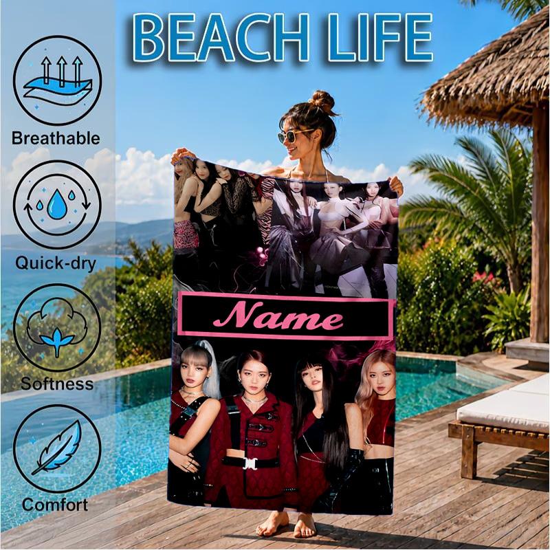 Custom Name Kpop Group Portrait Beach Towel Microfiber Beach Towel, Lightweight and Quick-Dry, for Summer Travel, Swimming Pool Gift