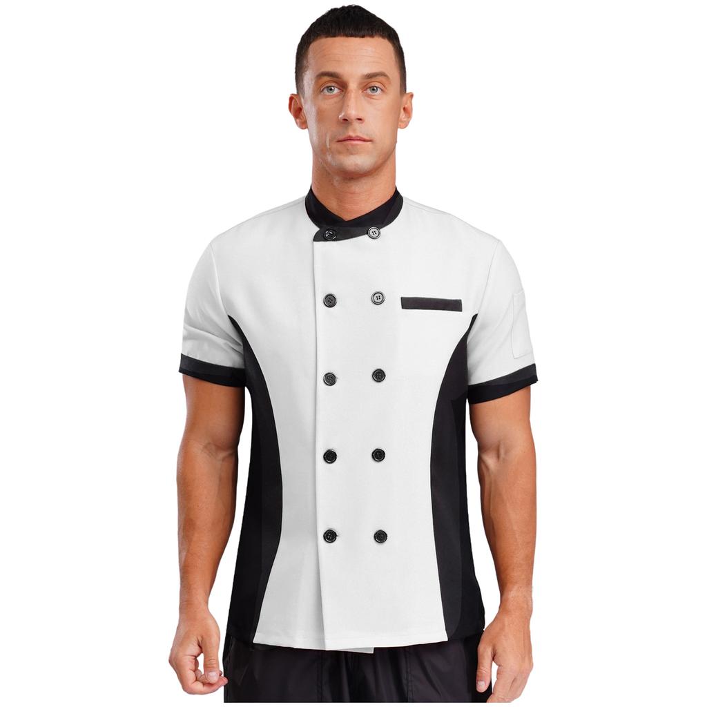 Unisex Kitchen Uniform Short Sleeve Color Block Chef Jacket Cook Coat Men Women Work Top