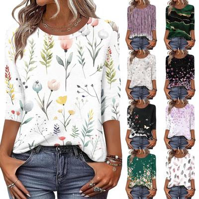 Moda damska Casual Okrągły dekolt Rękaw 3/4 Luźny T-Shirt z nadrukiem Damski top