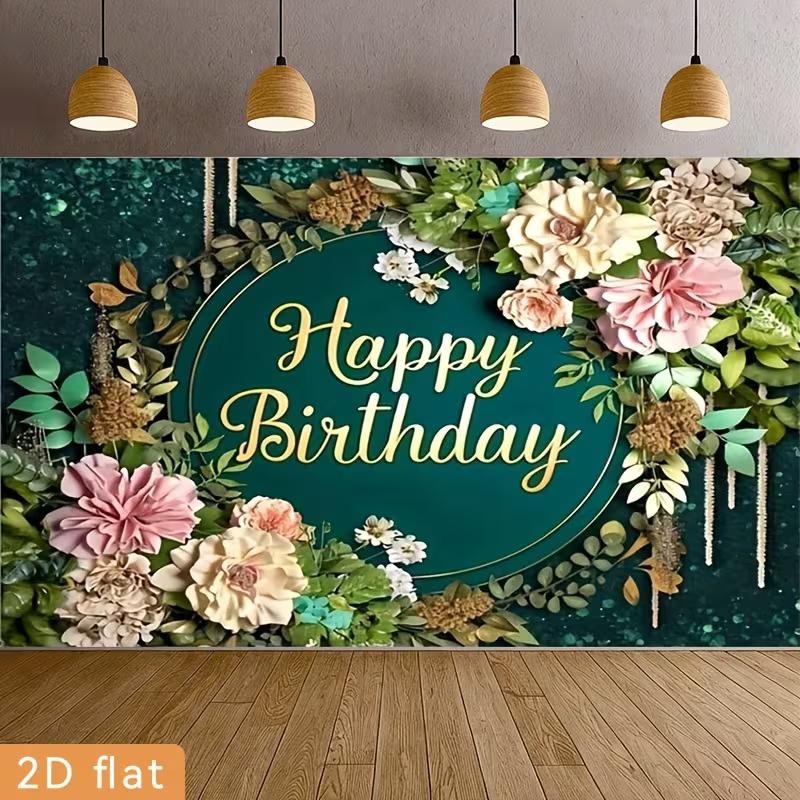 2D Elegant Green Floral Birthday Backdrop with Pink Flowers Photography Background