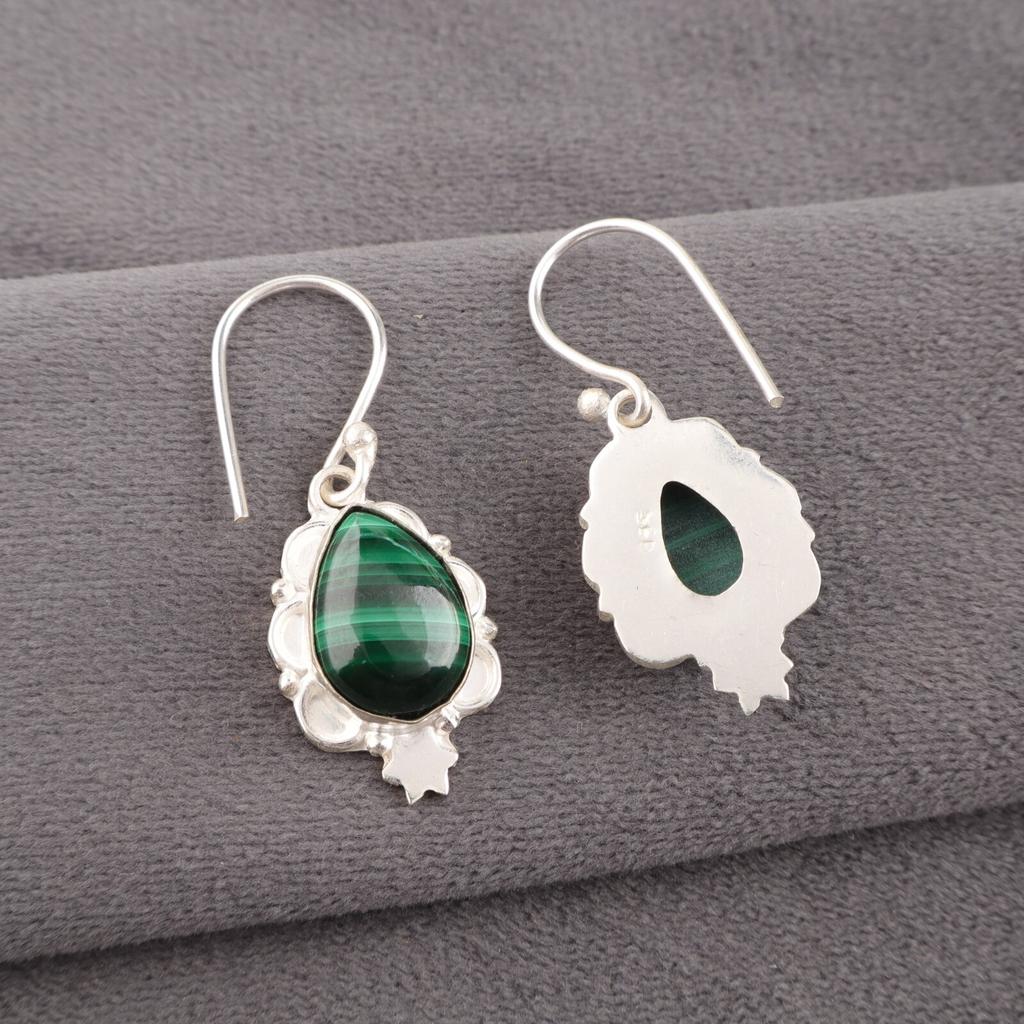 Malachite Gemstone 925 Fine Silver Jewelry Handmade Women Earrings 1.6" For Gift EE-163-28