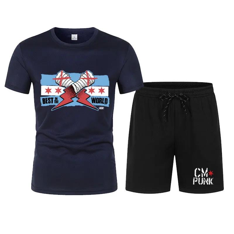 Herren Schwarz Return of CM Punk T-Shirt Shorts Set Sommer Kurzarm Mann Übergroße Anzüge 2024 Neue Mode Bekleidungssets