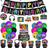 80s Themed Birthday Party Decorations: Cartoon Balloons, Cake Toppers, and Banners.
