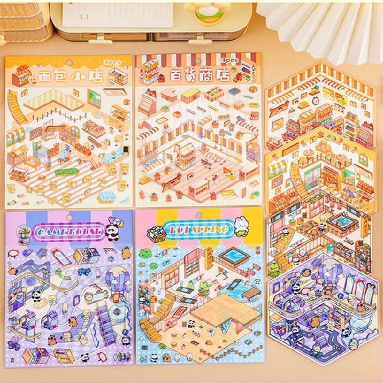 Fun 3D Miniature Scene Sticker Cartoon 3D Scenery Sticker Scrapbooking Sticker for Journal Phone Covers Water Bottle