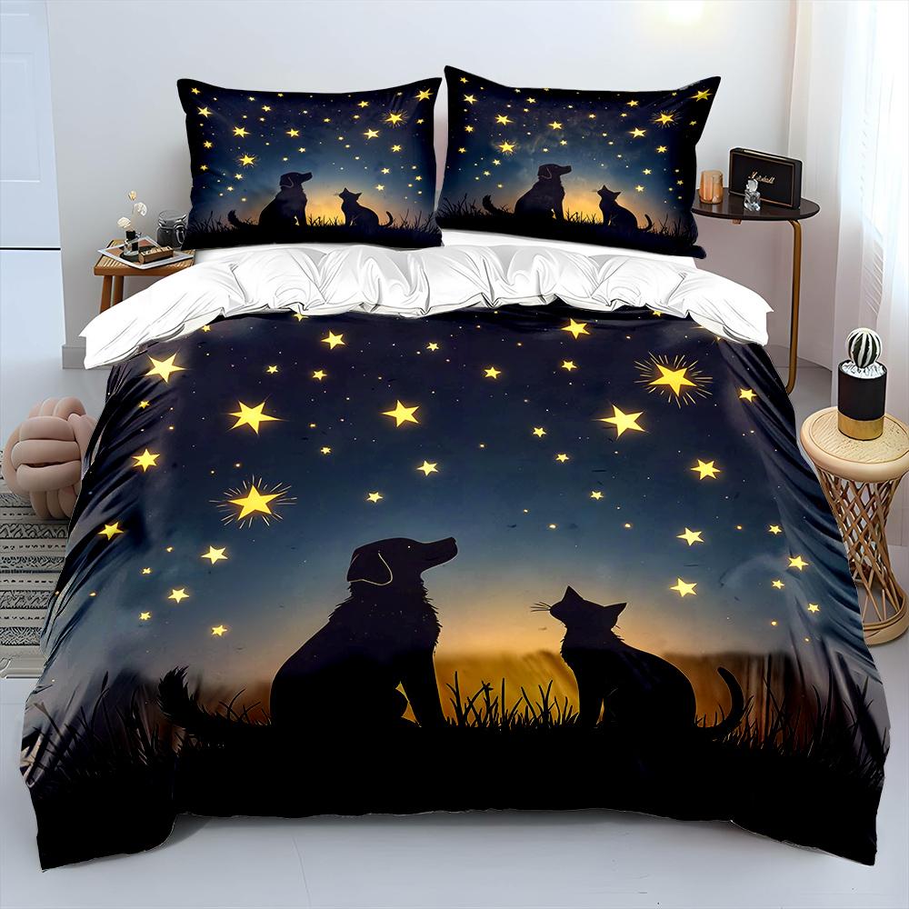 Dog and Cat Under Starry Sky Print Bedding Set 1 Duvet Cover 2 Pillowcases for Adult and Children Luxury Gift Full Size