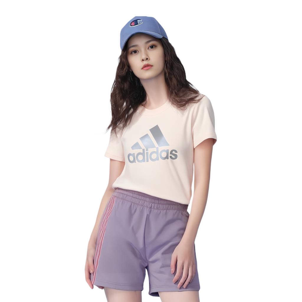 Adidas Large Shiny Logo Short Sleeve T-Shirt Women Tops Pink GK8721