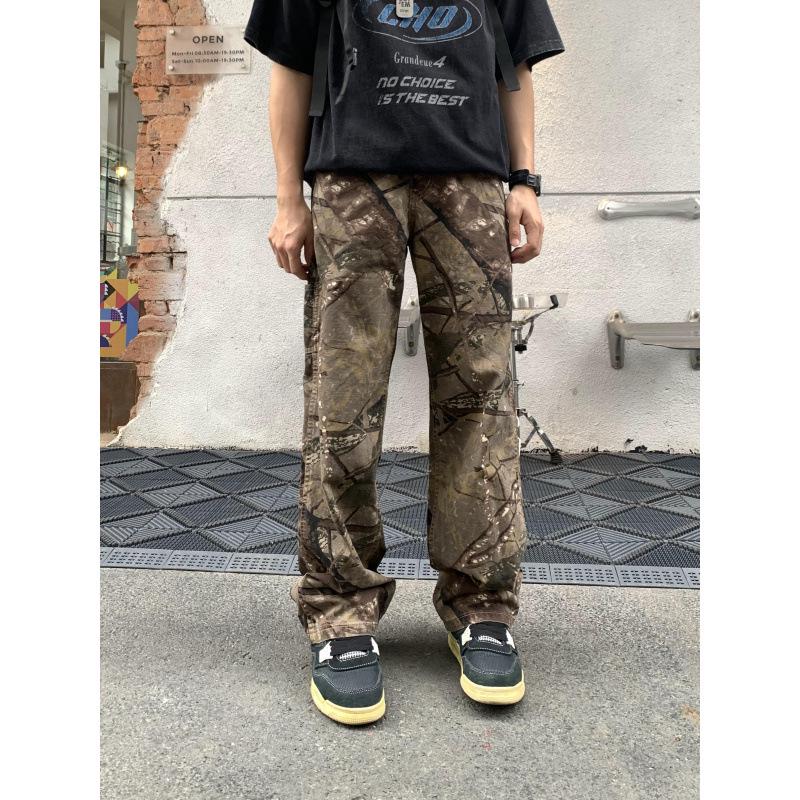 Unisex Retro Camouflage Distressed Work Pants - Straight Leg, Loose-Fit Outdoor Casual Wear