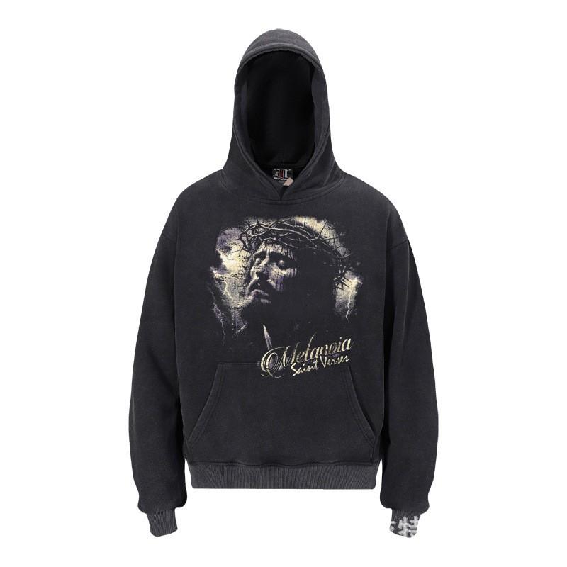 Sweat à capuche imprimé Ange Saint Michel Hommes Femmes Streetwear Américain Sweat-shirt à enfiler délavé Coupe décontractée ample