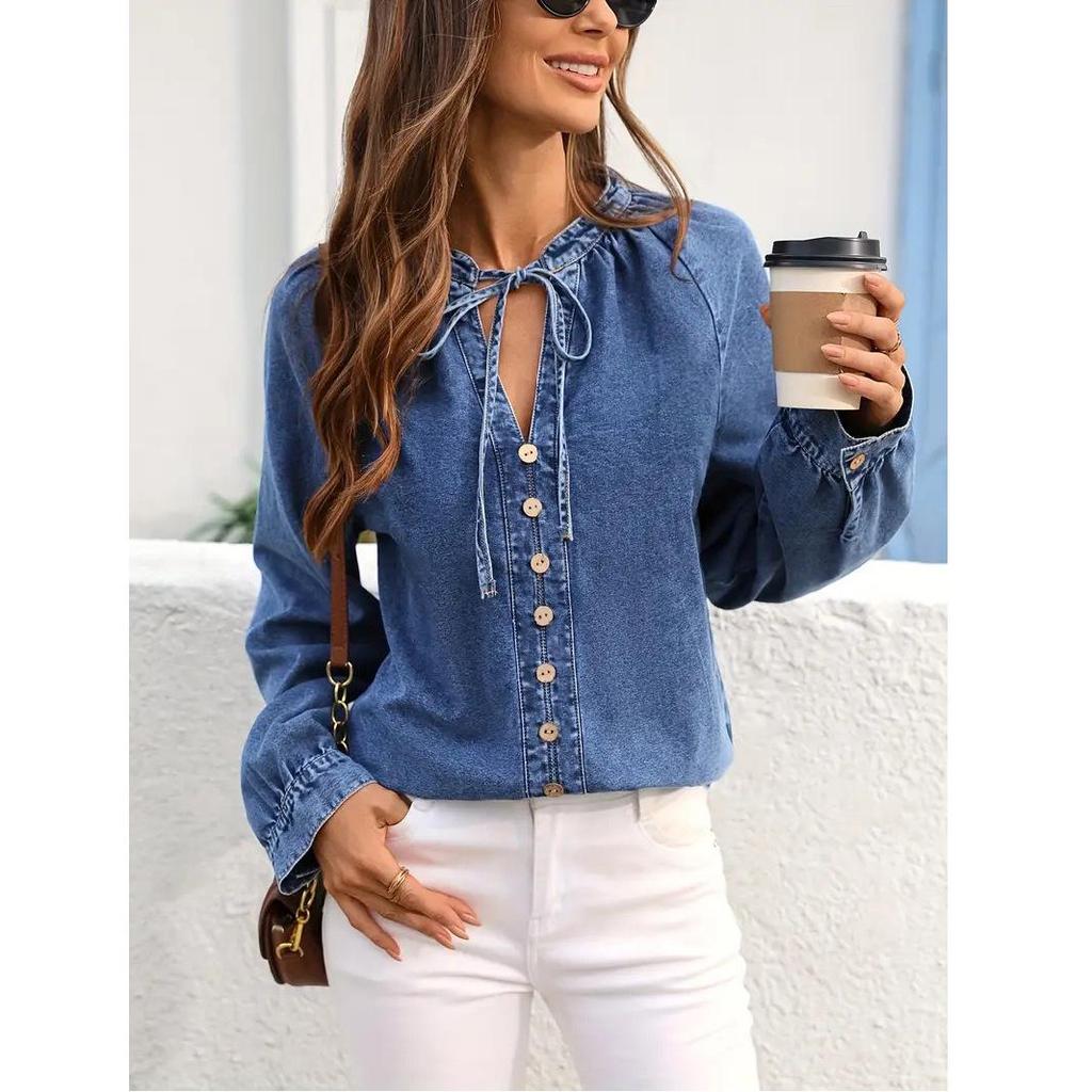 Plus Size Women's V-Neck Denim Jacket with Button Detail - Casual Washed Blue Style