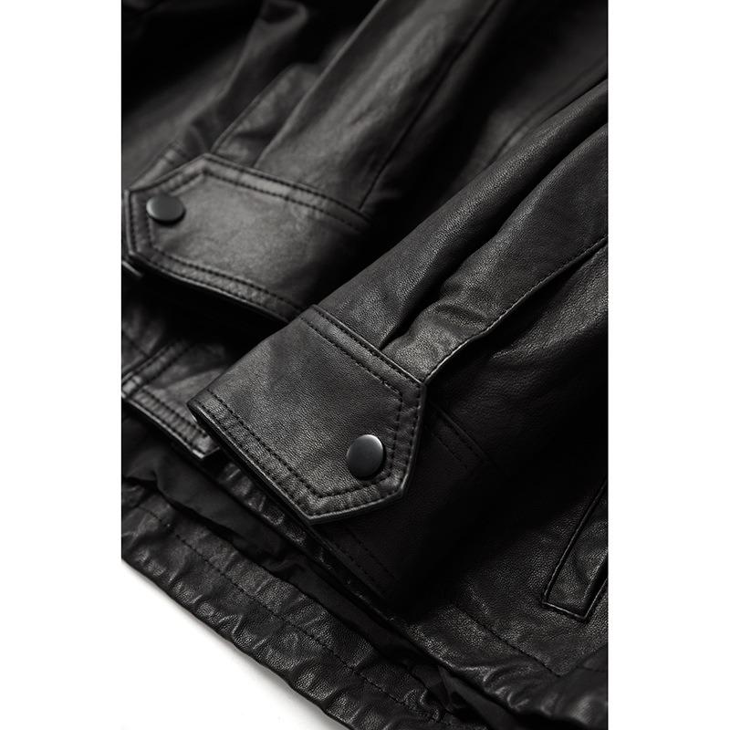 New semi-vegetable tanned sheepskin women's loose leather jacket stand-up collar short drawstring top batwing sleeves