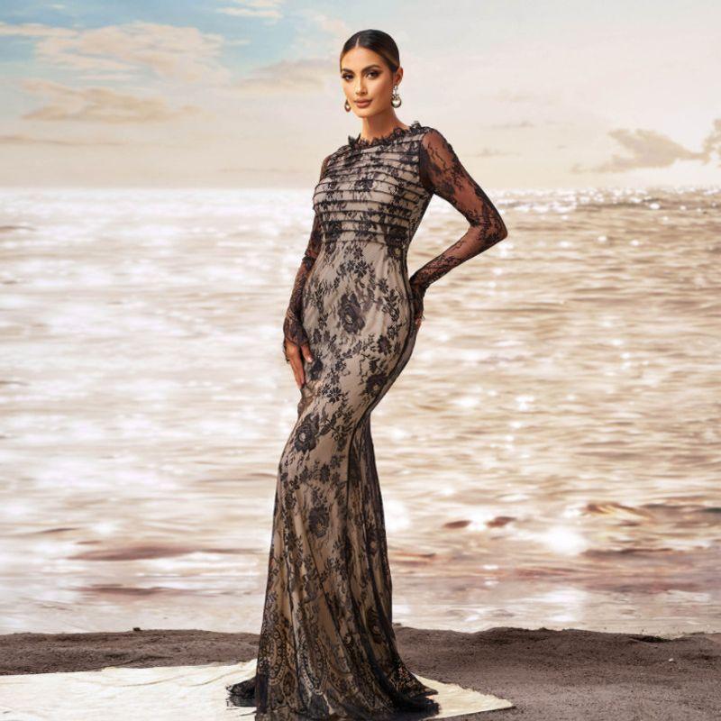 Grenzüberschreitendes Europäisches und Amerikanisches Neues High-End Langärmeliges Bankett Fischschwanz Abendkleid Brautjungfernkleid Hochwertiges Kleid Langes Kleid