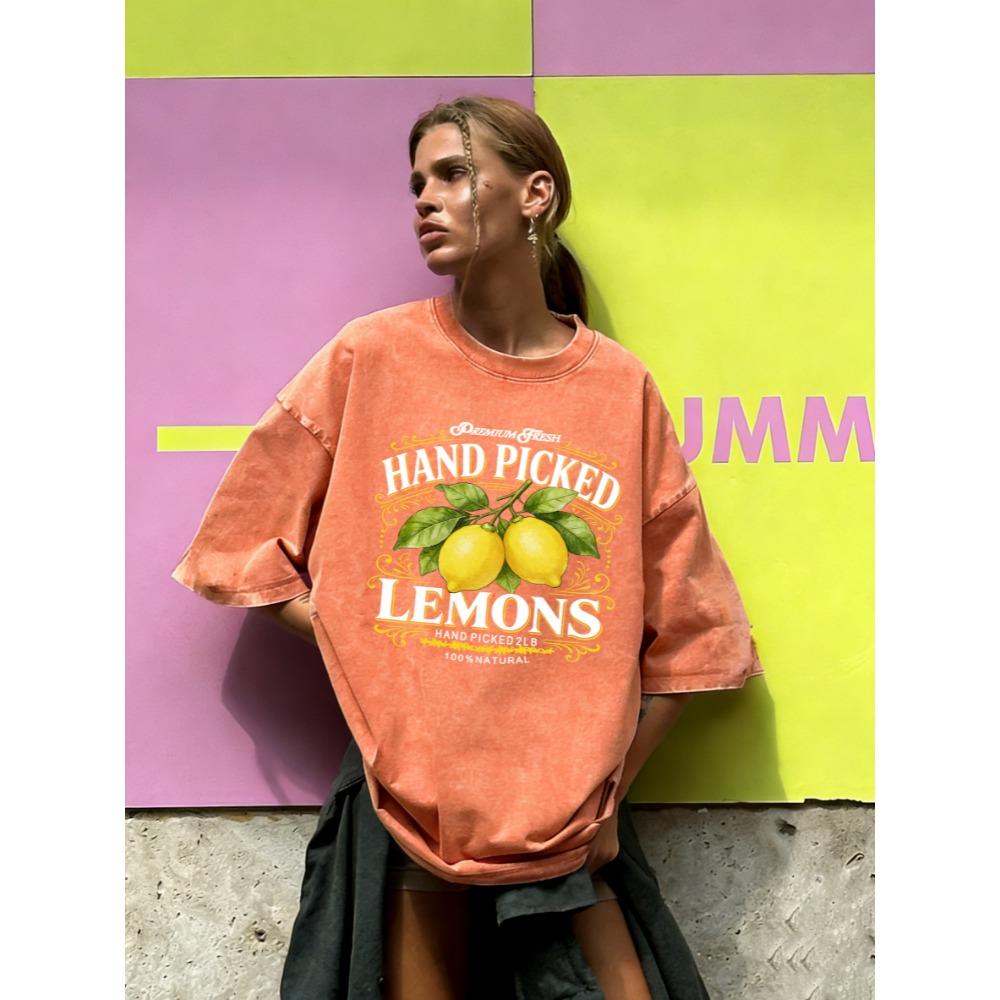 Hand Picked Fresh Lemons Print Women Washed T-Shirt O-Neck Casual T Shirts Cotton Breathable Clothes Loose Short Sleeves