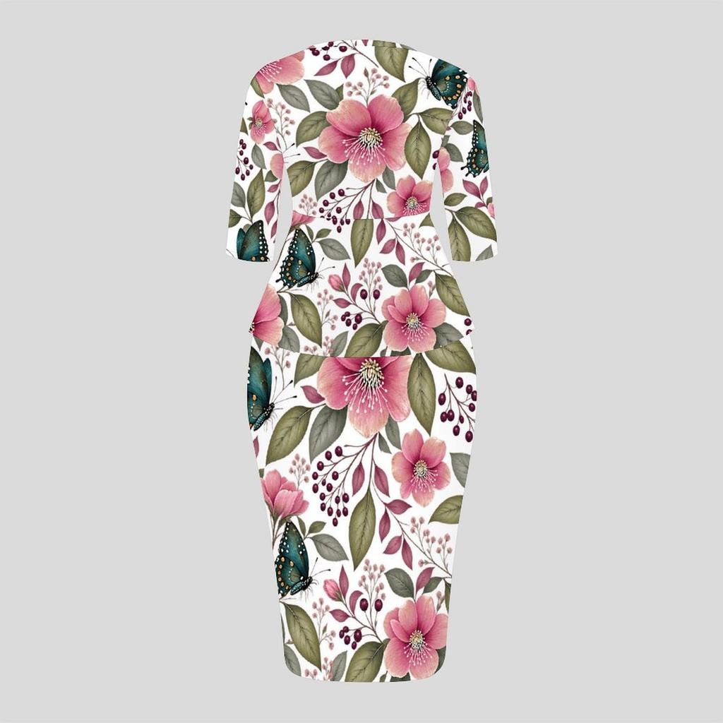 Women Plus Size Round Neck Three Quarter Sleeve Butterfly Printed Peplum Top And Fitted Skirt Two Piece Set