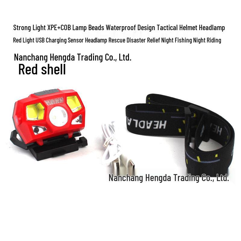 Multi-Mode Waterproof Helmet Headlight with XPE+COB LED, Wave Induction, and USB Rechargeable.