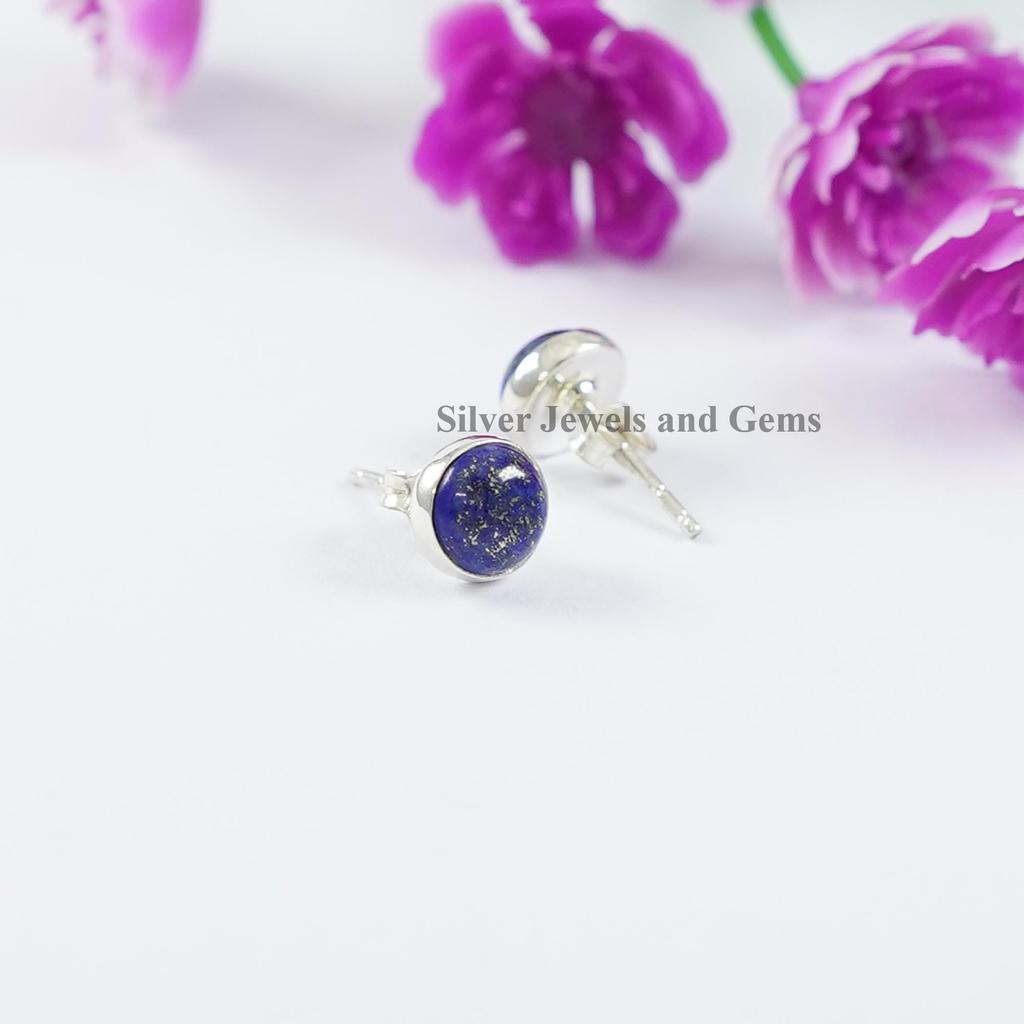 Lapis Lazuli Stud Earring, 925 Sterling Silver Earring, Tiny Round Stud Earring, Birthday Earring, Handmade Jewelry, Minimalist Earring