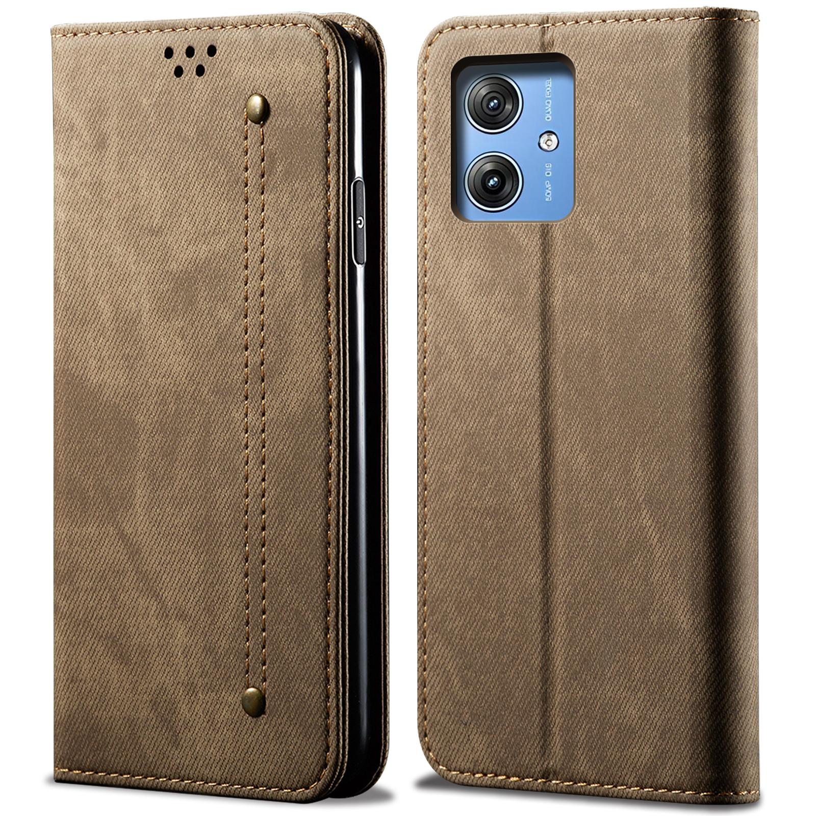 

For Motorola Moto G55 5G Case Jeans Cloth Texture Anti-Scratch Leather Stand Phone Cover Khaki