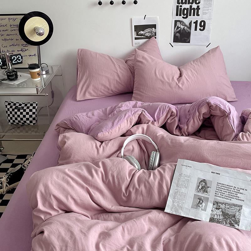 Bed Sheet Quilt Cover Nude Sleeping Pure Cotton Four-piece Set Washed Cotton Soft Bed Sheet Quilt Cover Solid Color Bedding