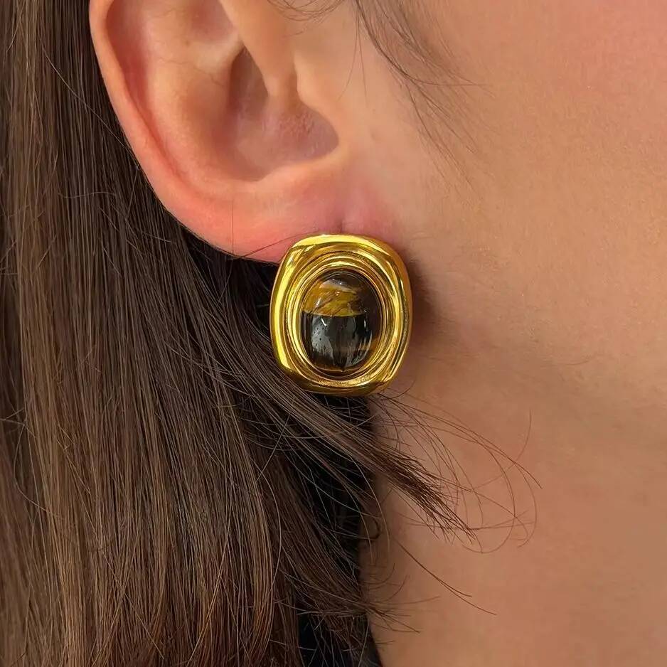 SHIXIN 2026 Exquisite 18K Gold Plated Stainless Steel Stud Earring Women Vintage Square Natural Stone Earring Waterproof Jewelry