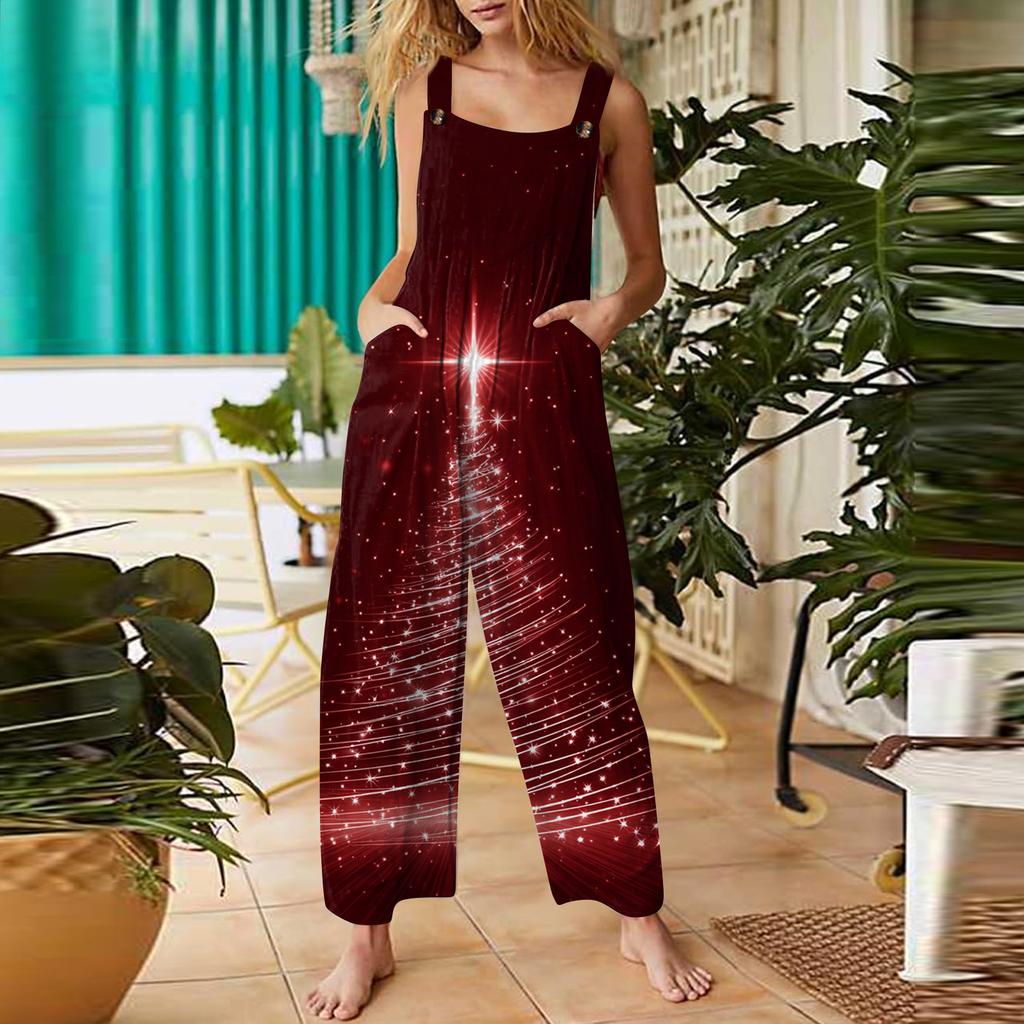 Women's Casual Jumpsuit Sleeveless Christmas Printed Cotton Jumpsuit