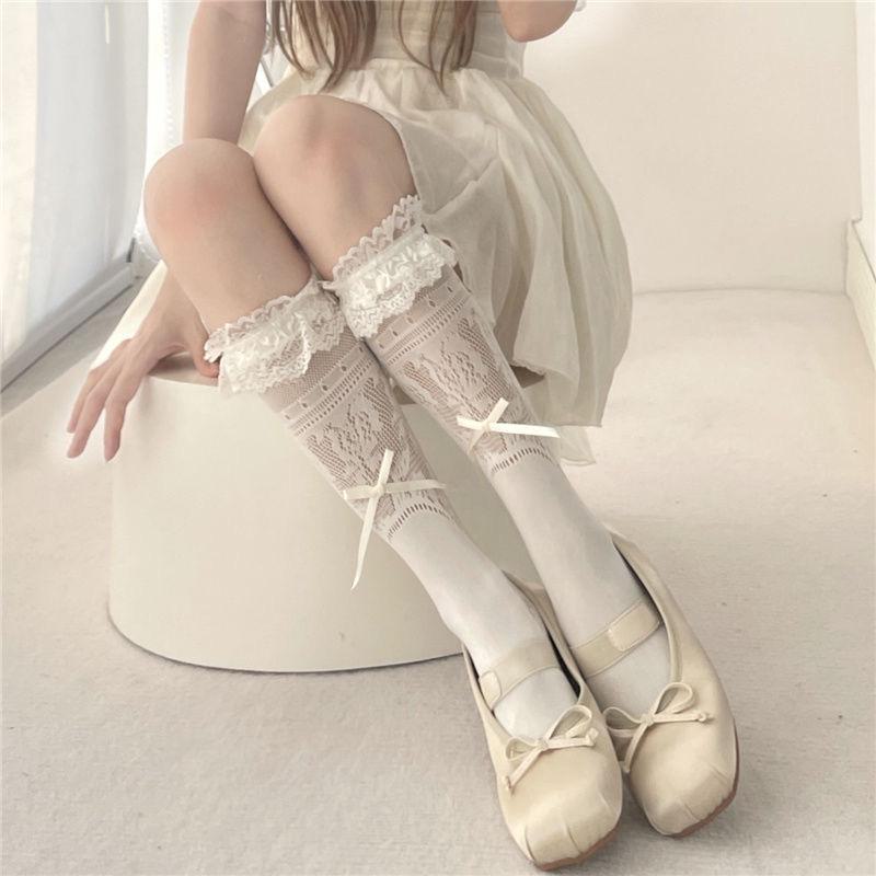 

Женские носки Mu Ruan Lolita Sweet Lace Cream White & Black из телячьей кожи – весна/лето Hollow JK Style. Short Net Calf Lace Butterfly белый