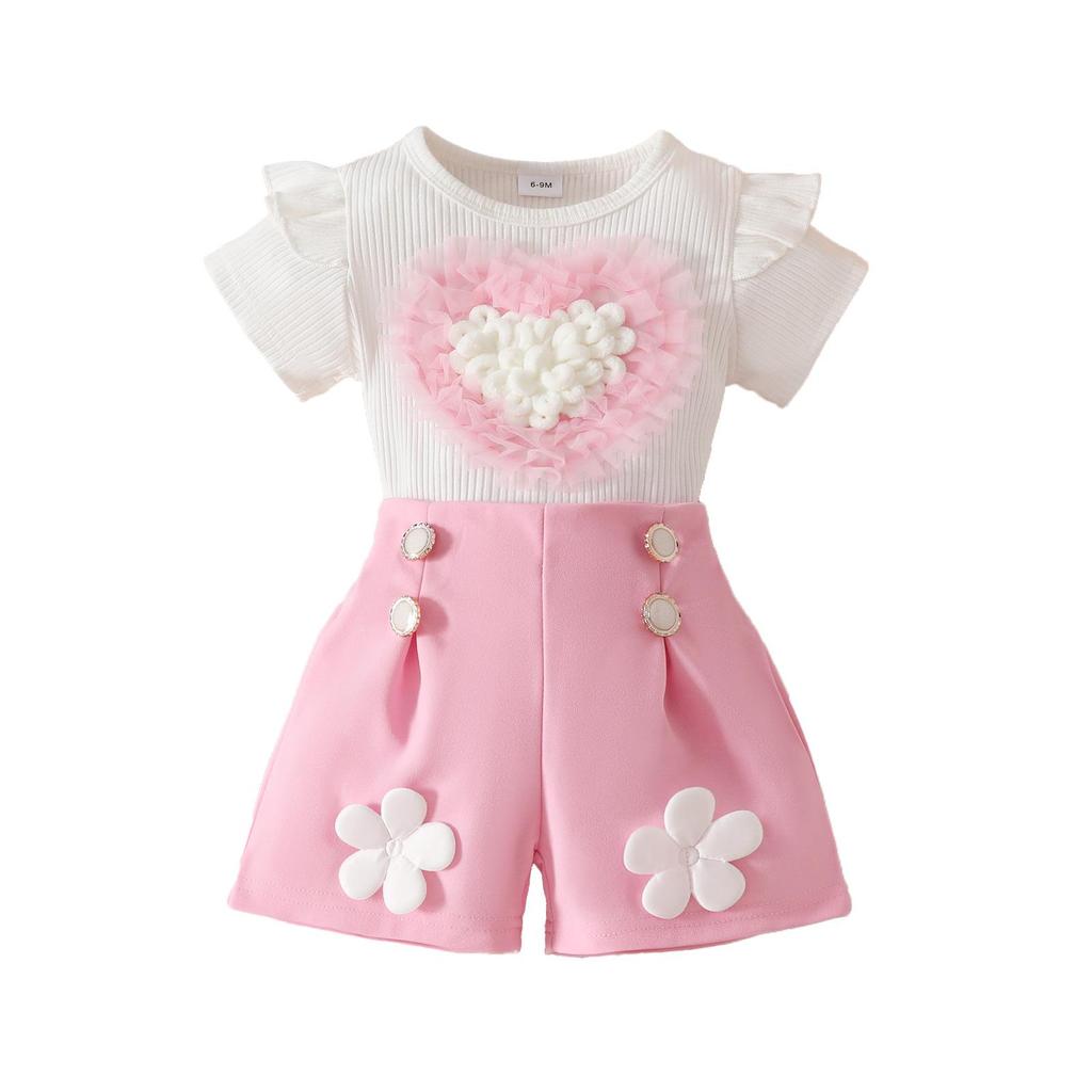 Ensemble 2 pièces Fille Toddler : Haut 3D Cœur et Short à Boutons