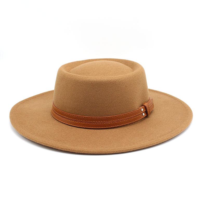 French Double Belt Buckle White Woolen Hat Flat Top Top Hat Female British Retro Style Wide Brim Felt Hat