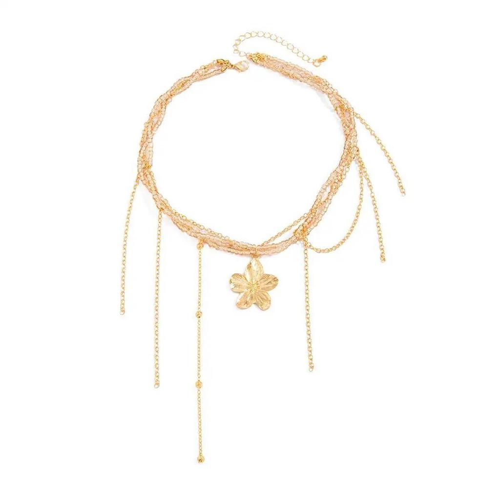 Ingemark Bohemia Gold Color Flower Pendant Necklace Women Creative Multi-Layer Metal Tassel Choker Chain Versatile Jewelry Gifts