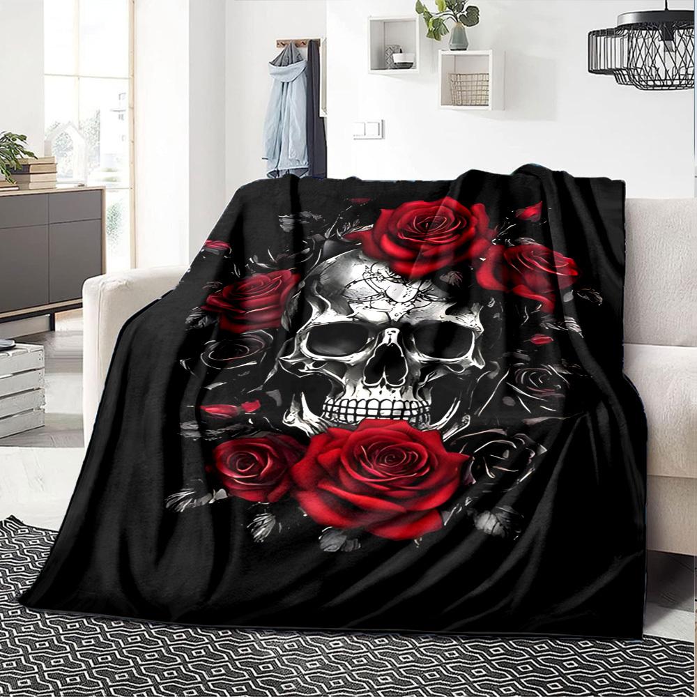 1pc Skull Roses Blanket Lightweight Flannel Throw for Sofa Bed Travel Camping Livingroom Office Couch Chair