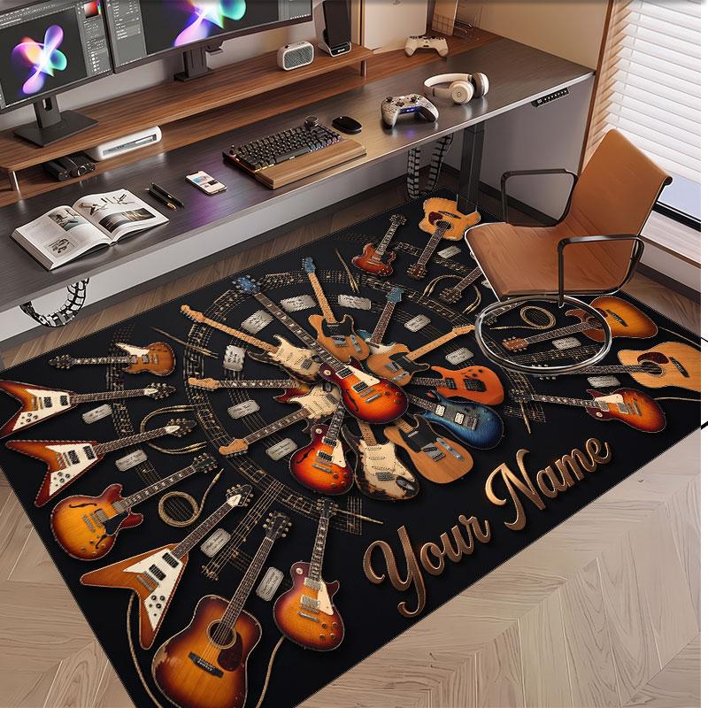 Music Guitar Theme Soft Crystal Velvet Rug Custom Name & Text Print Non Slip Floor Rug for Bedroom Living Room