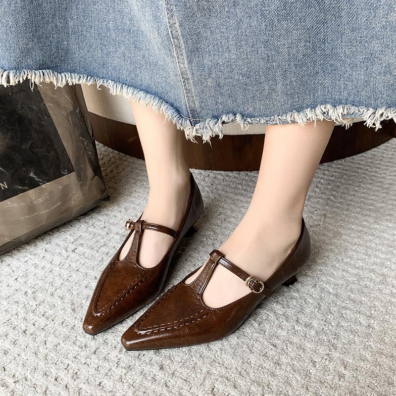 Fashion Elegant Pointed Toe Mary Jane Shoes Women's Spring Autumn New Style Thin Medium Heel Leatherette Single Shoes Buckle Strap