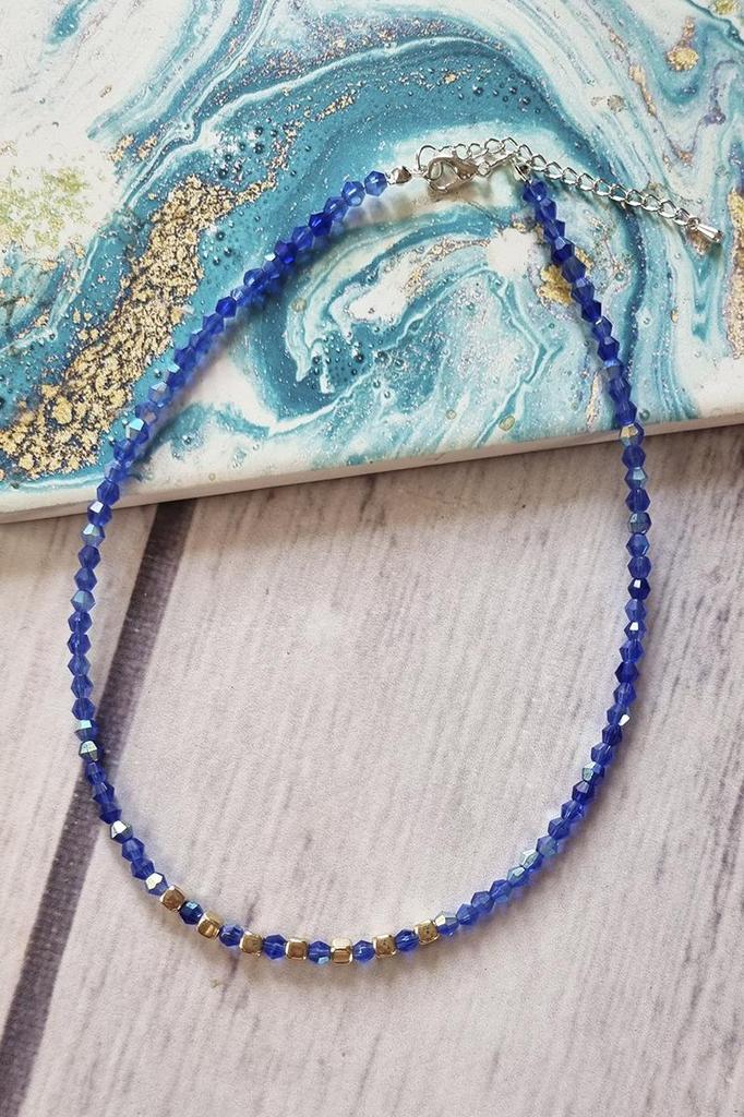 Handmade Beaded Choker Necklace – Blue and Gold Crystal Beads