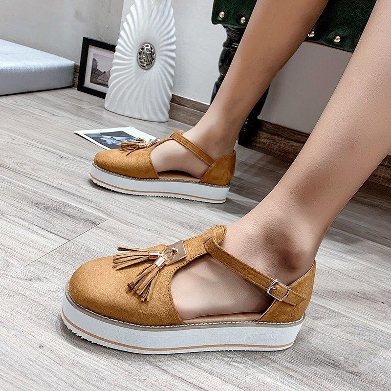 Popular Summer Fashion Plus Size Flat Shoes Hollow Tassel Roman Sponge Shoes Thick Soled European and American Sandals