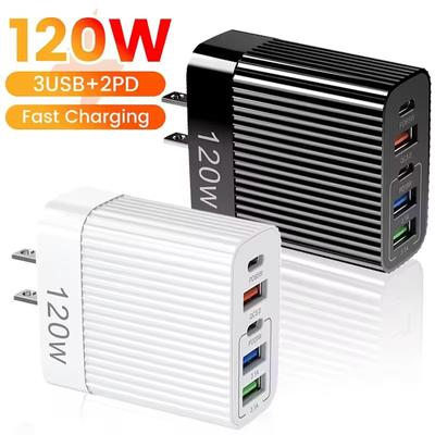 5 Port 120W Fast Charger Multi Ports Type C PD Charger Quick Charge 3.0 US/EU Plug Wall Phone Charger Adapter For iPhone Samsung
