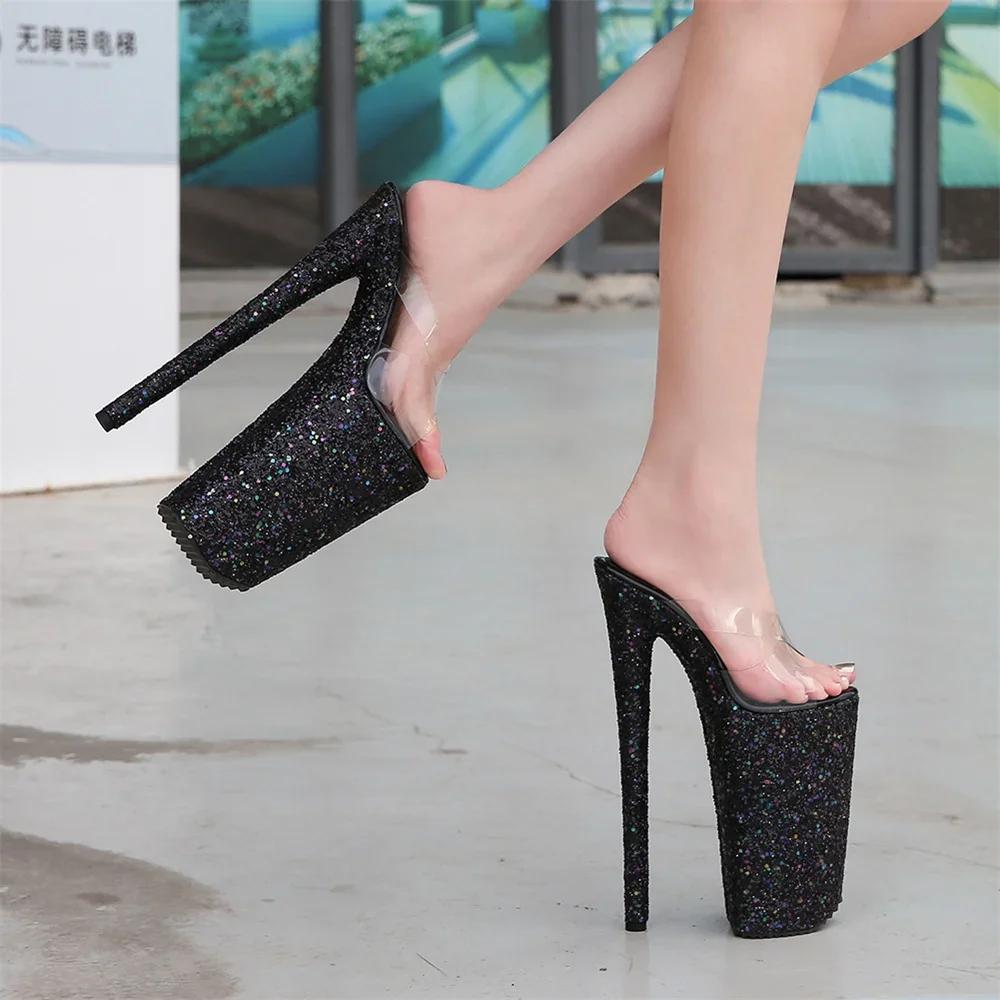 Fashion Fashion Models Transparent Sexy Slippers 2024 Summer New Women Sequins Platform High Heels Shoes 26CM Stilettos Sandals Ladies