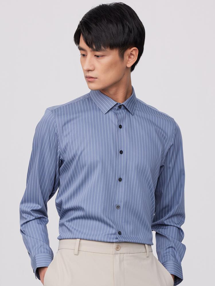 

Классическая мужская рубашка премиум-класса в полоску с длинными рукавами и лацканами для деловых мероприятий, рубашки, легкие в уходе, для офиса и повседневной носки 44 сине серый