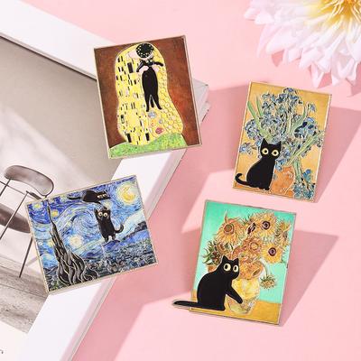 Van Gogh slavný obraz série Hvězdná noc odznak kreativní roztomilá černá kočka krajina olejomalba kovová brož dekorace studentského batohu