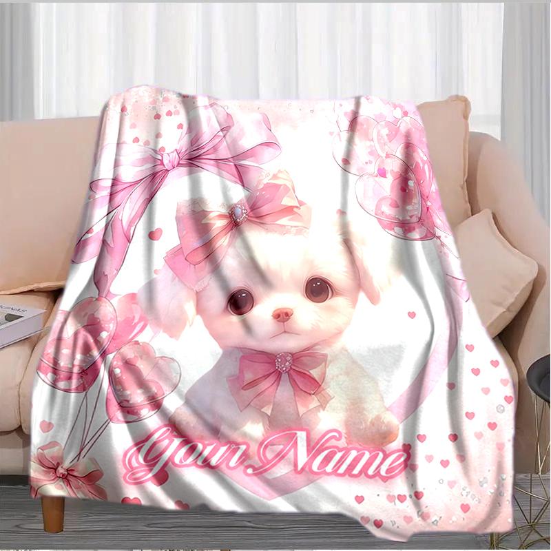 1PC Custom Name Pink Bow Puppy Love Flannel blankets Patterns Throw Blanket All-Season Soft Gift for Couch, Bed, Camping gifts