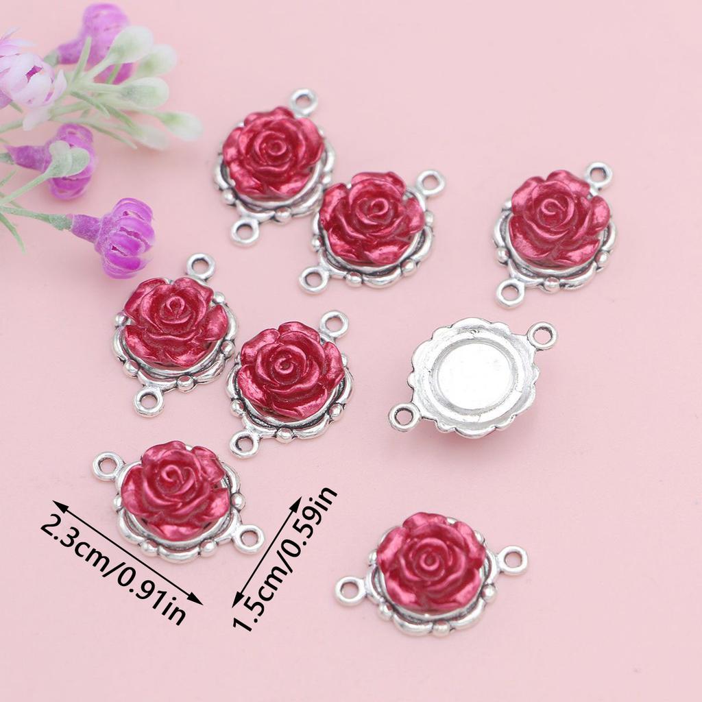 8Pcs Silver Color Red Rose Flower Charm Connectors For Jewelry Making Bracelet Accessories Diy Craft