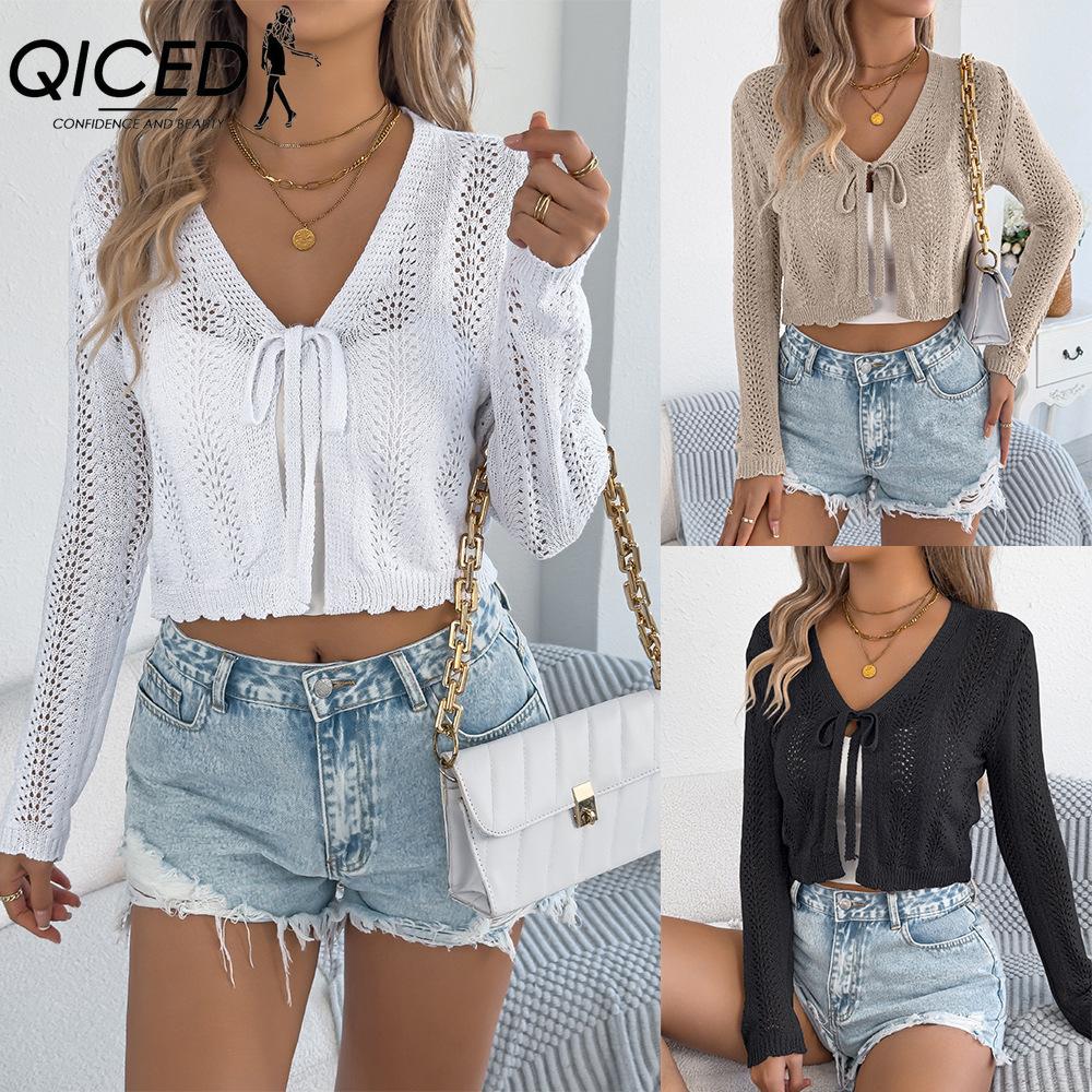 QICED Autumn Casual Lace-up, Cut-out Long-sleeved Knitted Sweater, Cardigan and Jacket for Women