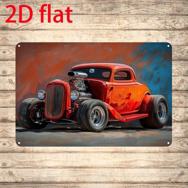 Винтажная металлическая жестяная табличка  Ретро-искусство американских маслкаров  Яркий красный хот-род с хромированными акцентами  Синий фон  Прочный  Ржавчина 20x30cm（7.8x11.8inch）